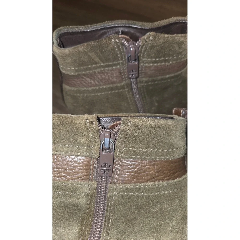 Tory Burch 7.5M Leather Suede Booties Heels Ankle Boots Olive green